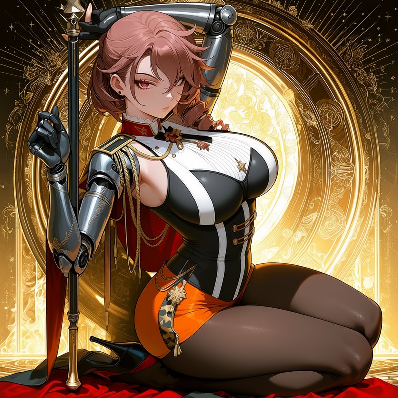 Anime female military officer with silver prosthetic arms holds a scepter, posed before an ornate...