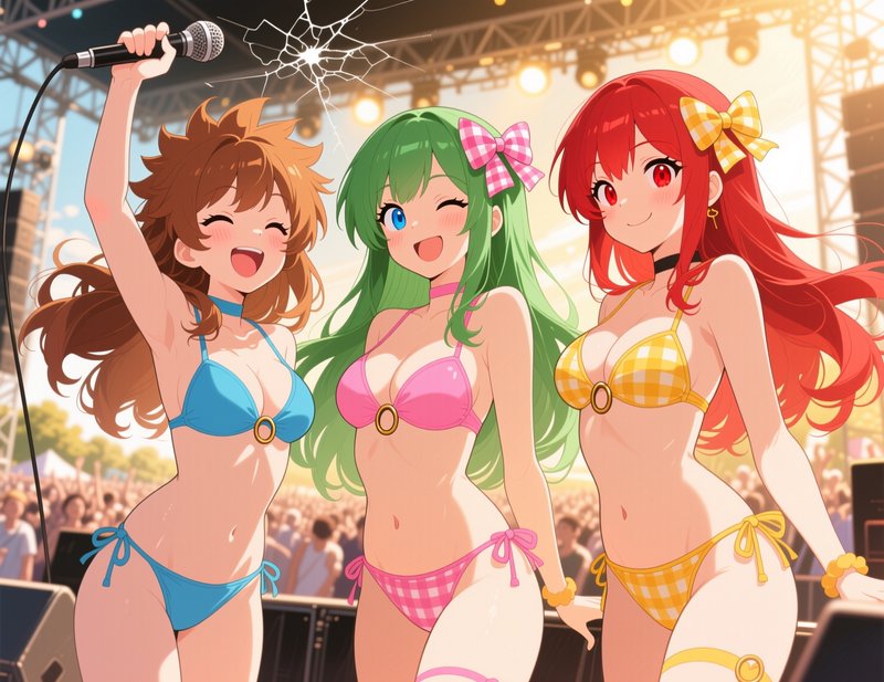 Three cheerful anime girls in colorful bikinis perform on a sunlit outdoor concert stage, one hol...