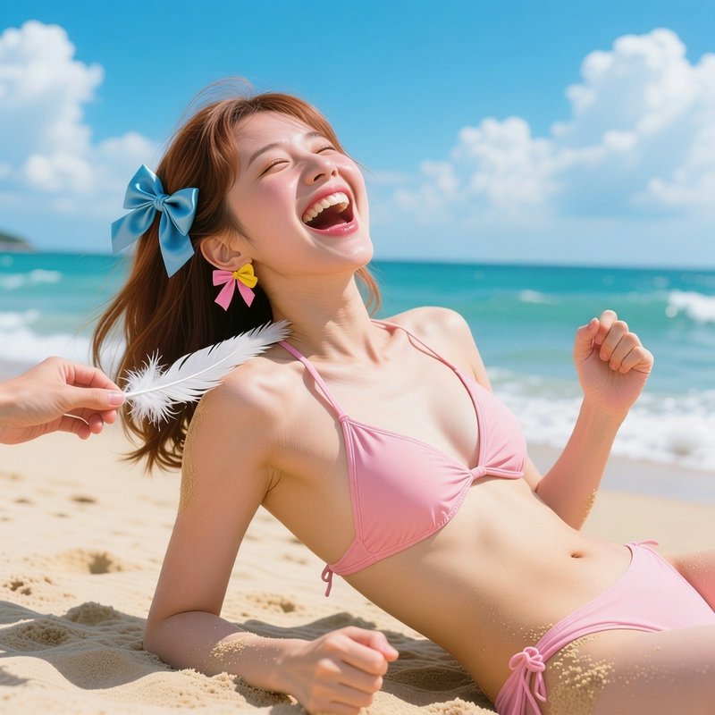 Laughing young woman in a pink bikini is tickled with a white feather while reclining on a sunny ...