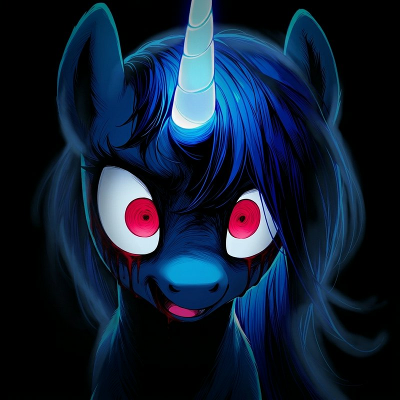 Menacing dark blue cartoon unicorn with glowing horn, red eyes, and bloody tears, eerie horror po...