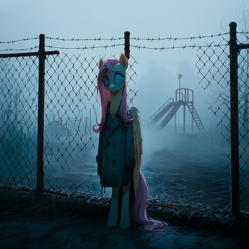 Somber Fluttershy pony in a tattered coat stands before a foggy abandoned playground behind a bar...