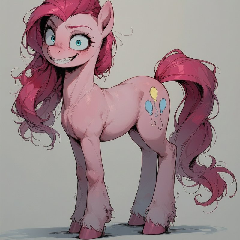 Semi-realistic fan art of Pinkie Pie, a pink pony with curly magenta mane, chaotic wide grin, and...