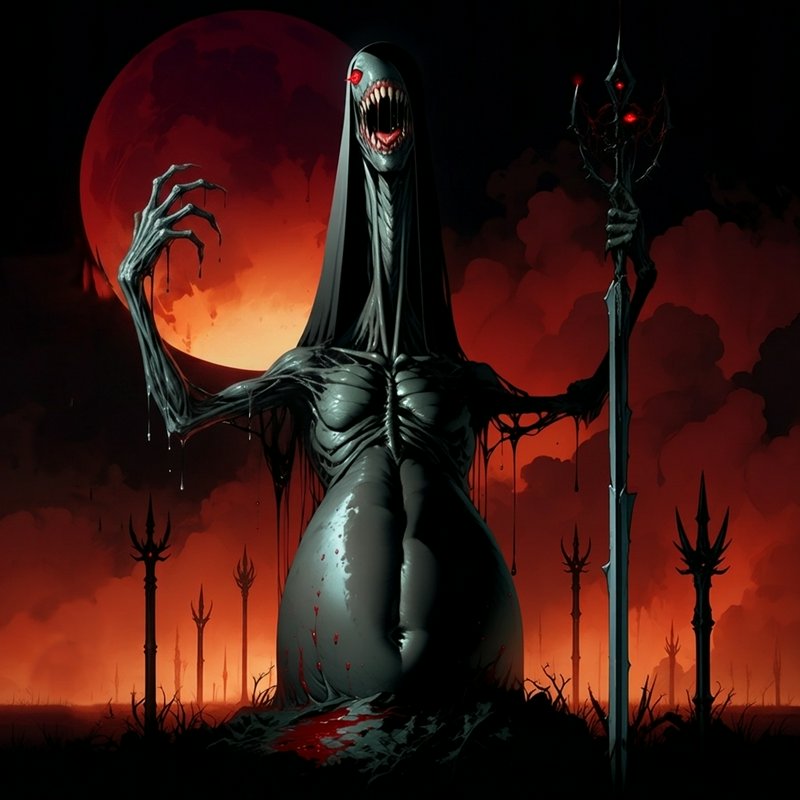 Grotesque tall demonic entity holding a spiked staff under a glowing red blood moon in a blighted...