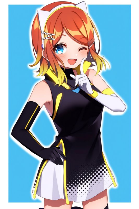 Cute winking anime girl with gradient orange hair, cat ear headband, and futuristic outfit posed ...