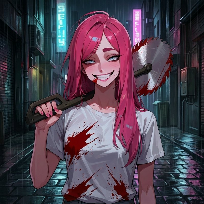 Grinning yandere anime girl with bright pink hair holding a bloodied saw over her shoulder in a r...