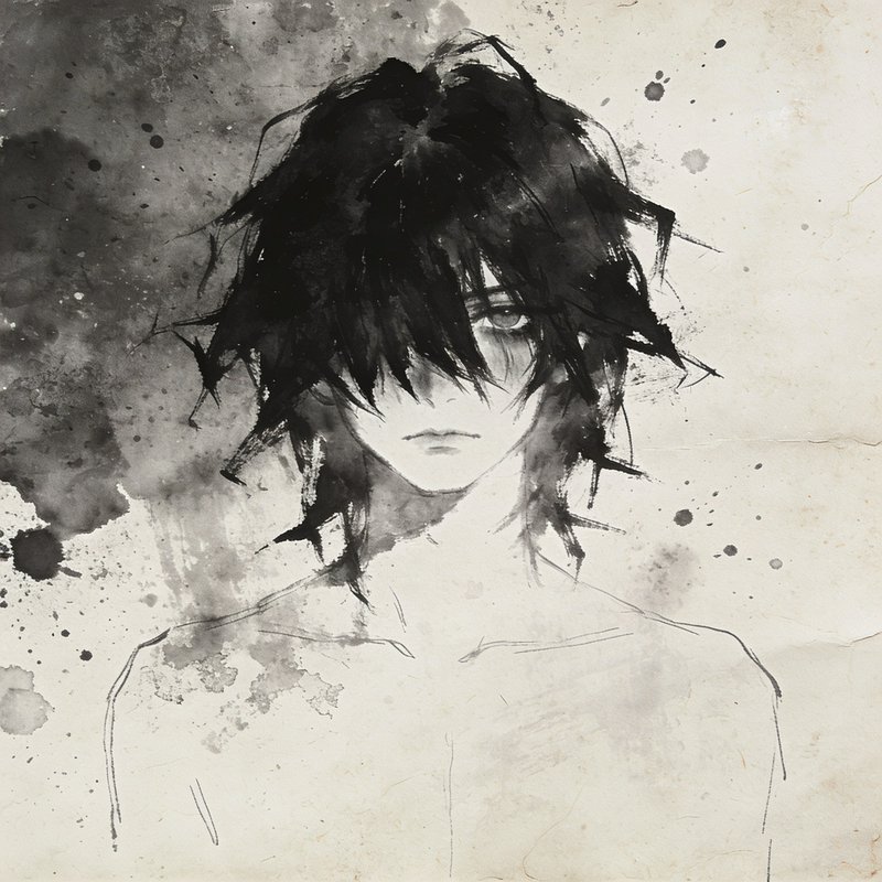 Monochrome ink wash portrait of a brooding anime boy with messy spiky black hair and a quiet somb...