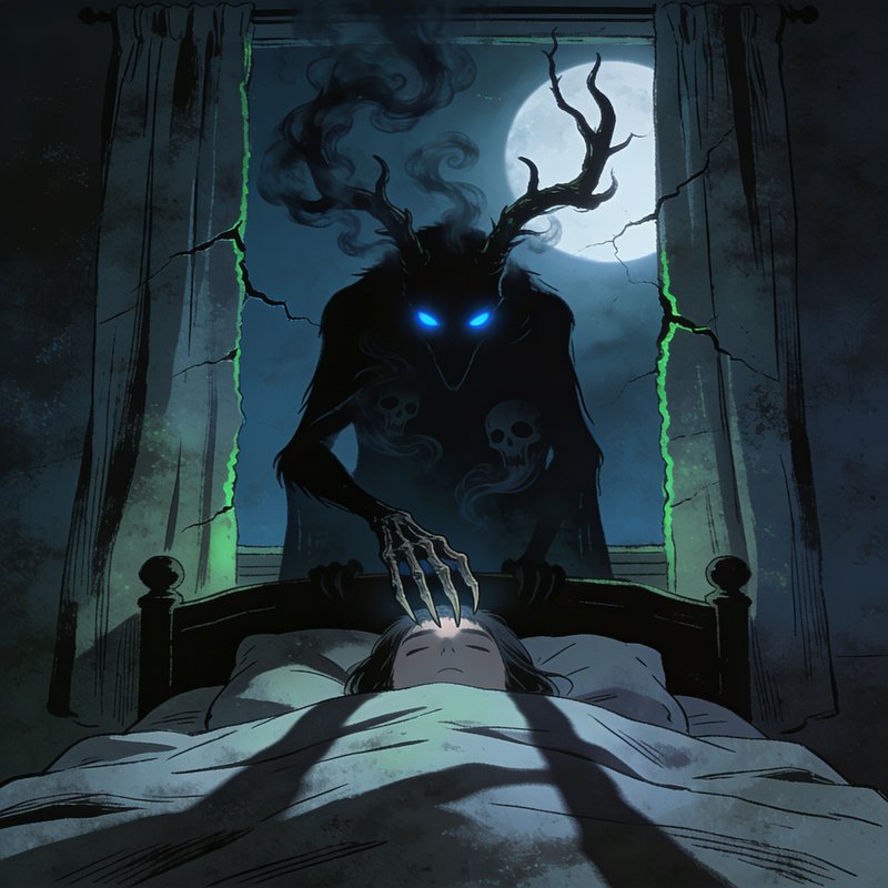 Shadowy antlered wendigo with glowing blue eyes looms over a sleeping person in a moonlit bedroom...