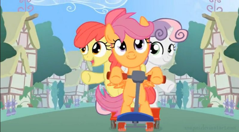 Cutie Mark Crusaders from My Little Pony riding a shared scooter down a sunny Ponyville village lane
