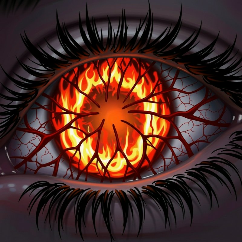 Close-up fantasy illustration of an eye with a flaming fire iris, branching red blood vessels, an...