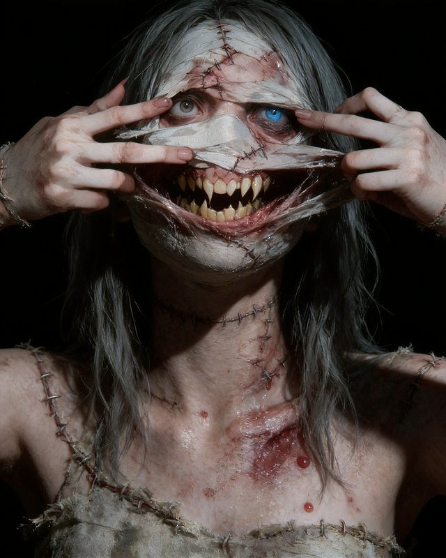 Horrifying stitched undead creature pulls bloodied face bandages open to reveal a sharp fanged gr...