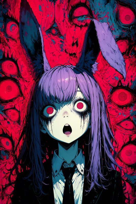 Surreal horror anime bunny girl with purple hair, shocked wide red eyes, surrounded by eerie dise...