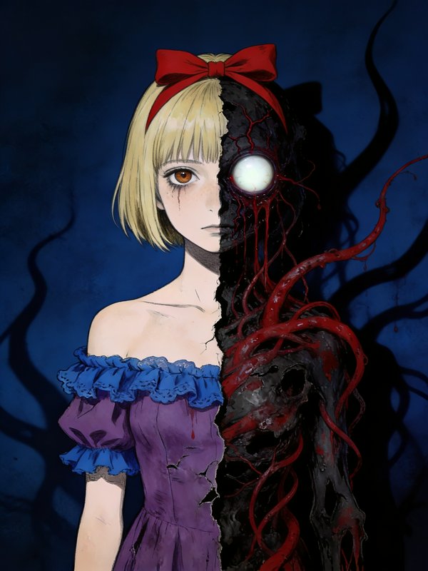 Vertically split portrait, half blonde anime girl half grotesque body horror monster, dark fantas...