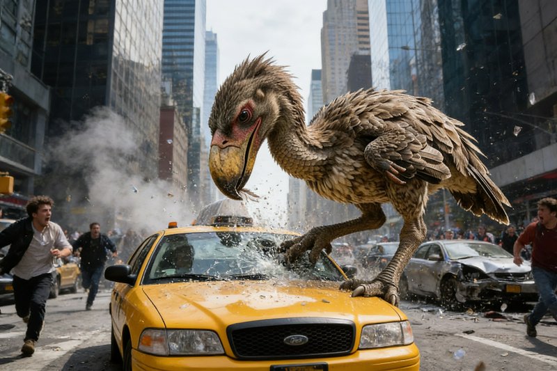 Giant prehistoric feathered terror bird smashes yellow NYC taxi windshield as panicked pedestrian...
