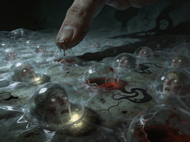 Surreal horror illustration of a giant bloody finger reaching toward terrified heads encased in c...