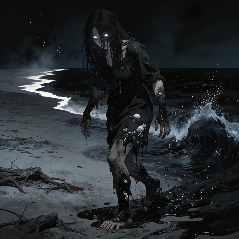 Drowned ghost with glowing eyes emerges from dark inky ocean onto a desolate midnight shore