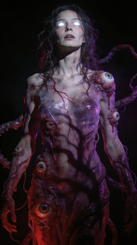Surreal body horror humanoid with glowing eyes, embedded extra eyeballs, writhing tentacles and t...