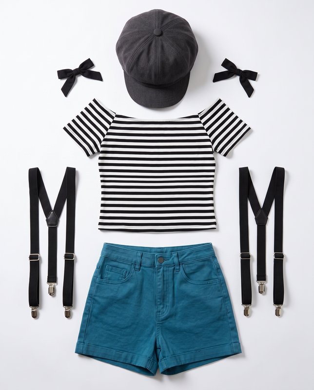 Coordinated retro casual outfit flat lay with striped top, teal shorts, cap and hair bows on white background