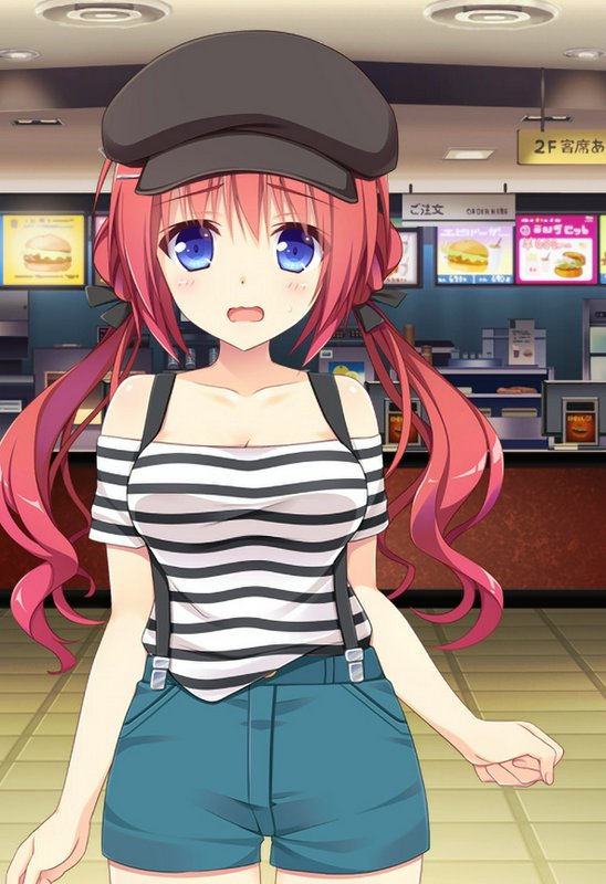 Flustered pink-haired anime girl in a newsboy cap stands inside a Japanese fast food restaurant