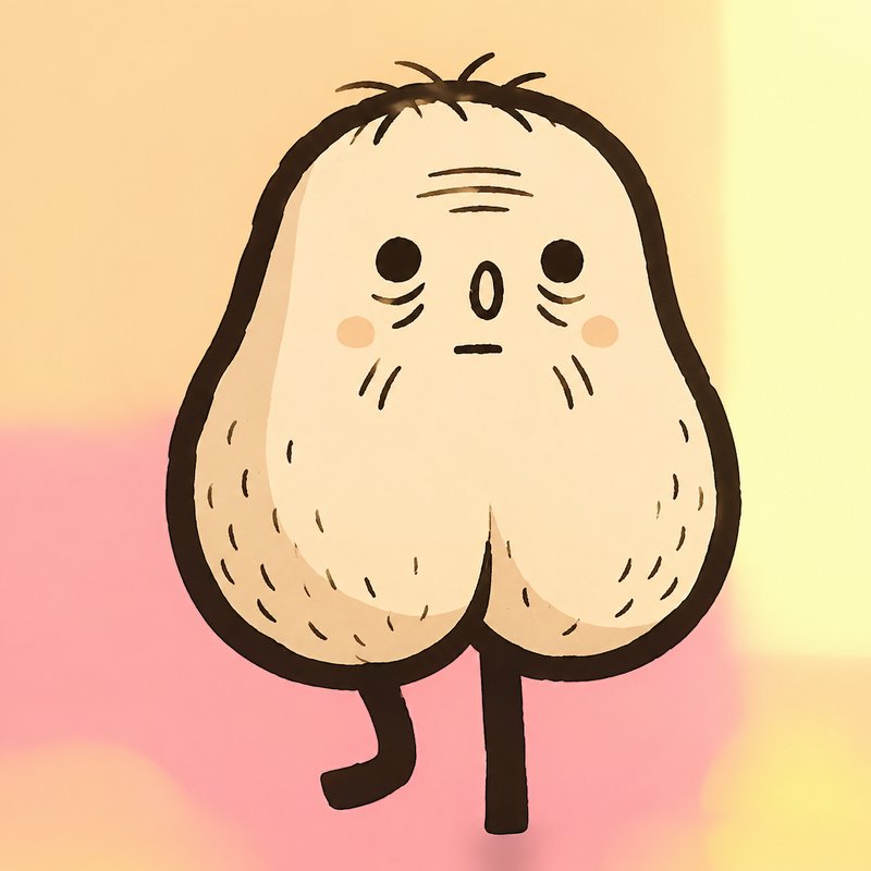 Weary elderly anthropomorphic pear character illustrated against a soft pastel gradient background