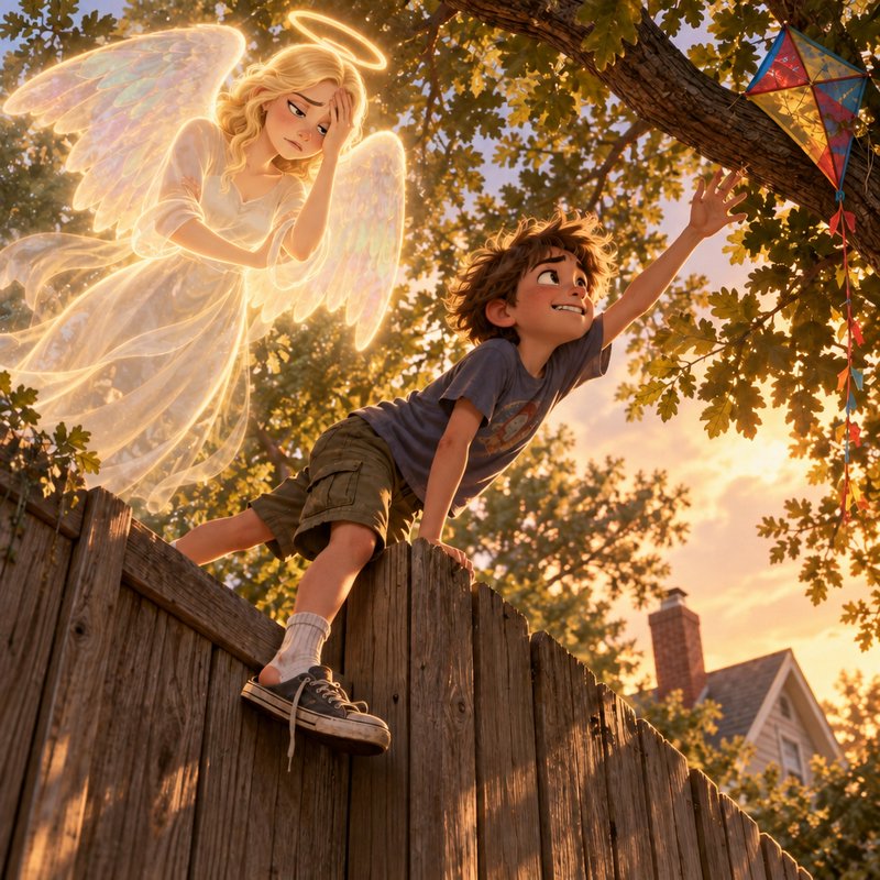 Stressed guardian angel watches a boy climb a fence to reach a kite stuck in a tree at sunset