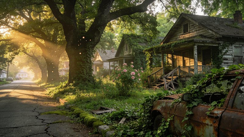 Overgrown abandoned residential street at golden sunrise with glowing sunbeams, derelict homes an...