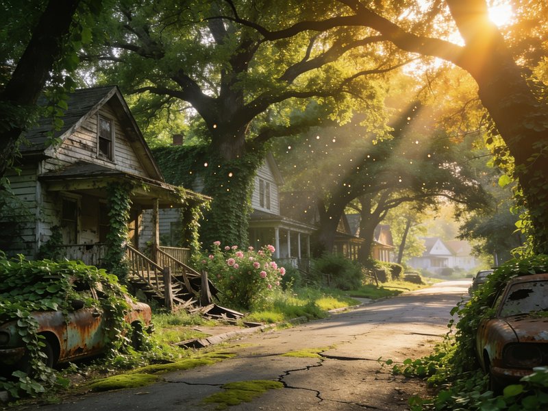 Sunbeams stream over an abandoned overgrown suburban street lined with derelict homes and rusted ...