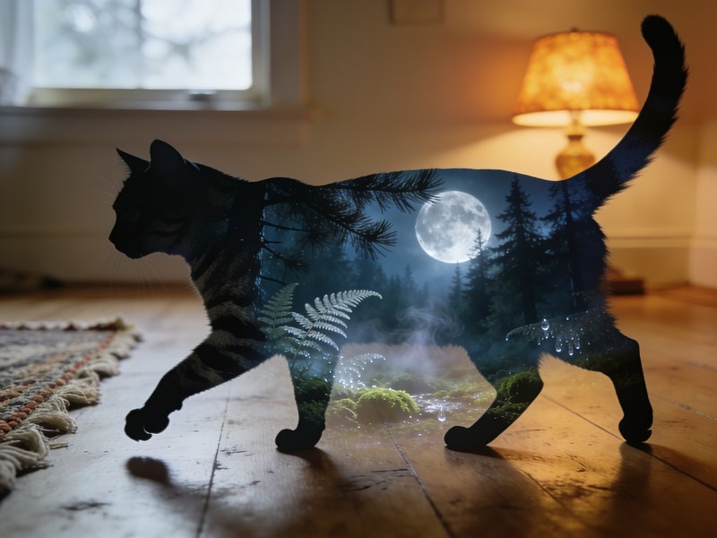 Surreal double exposure of a walking cat silhouette filled with a misty moonlit forest scene