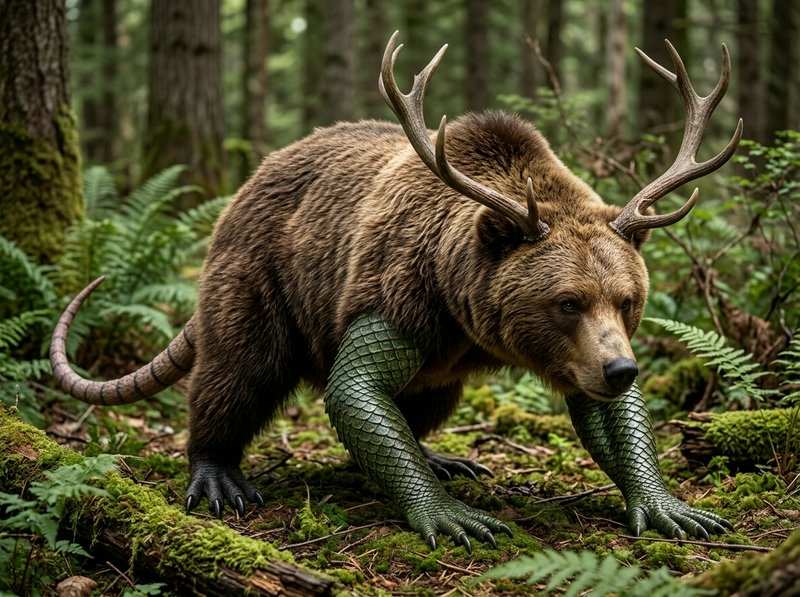 Surreal hybrid chimera creature with bear body, deer antlers, and reptile limbs stands in a mossy...
