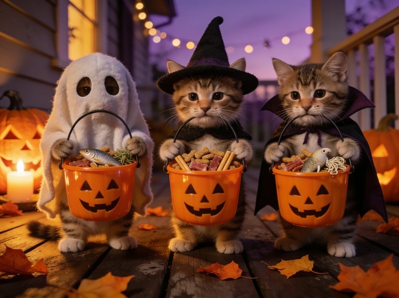 Three tabby kittens in Halloween costumes hold jack-o-lantern treat buckets on a dusk porch