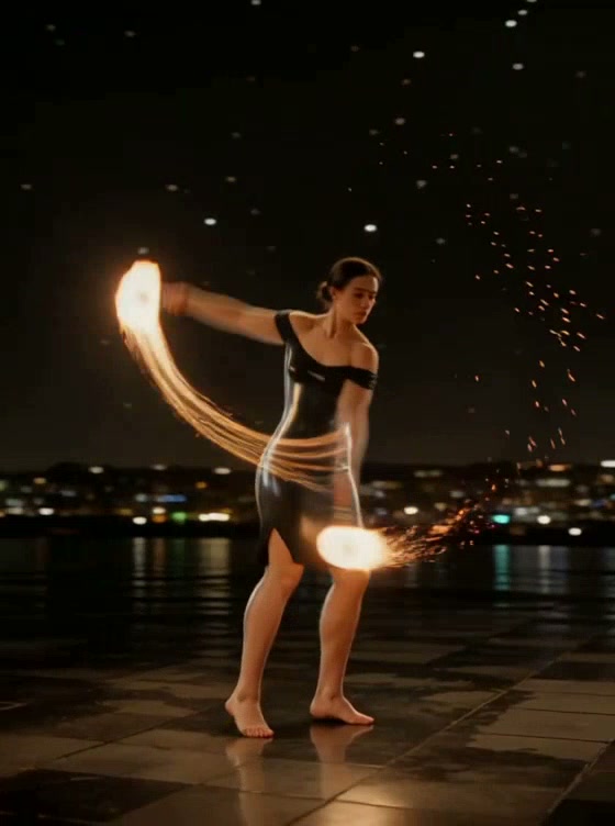 Woman performing fire dancing with two flaming poi by the water at night.