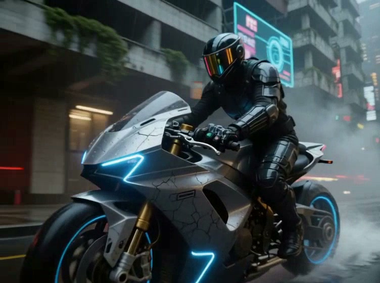 Futuristic armored rider on a neon-lit motorcycle in an urban night scene.