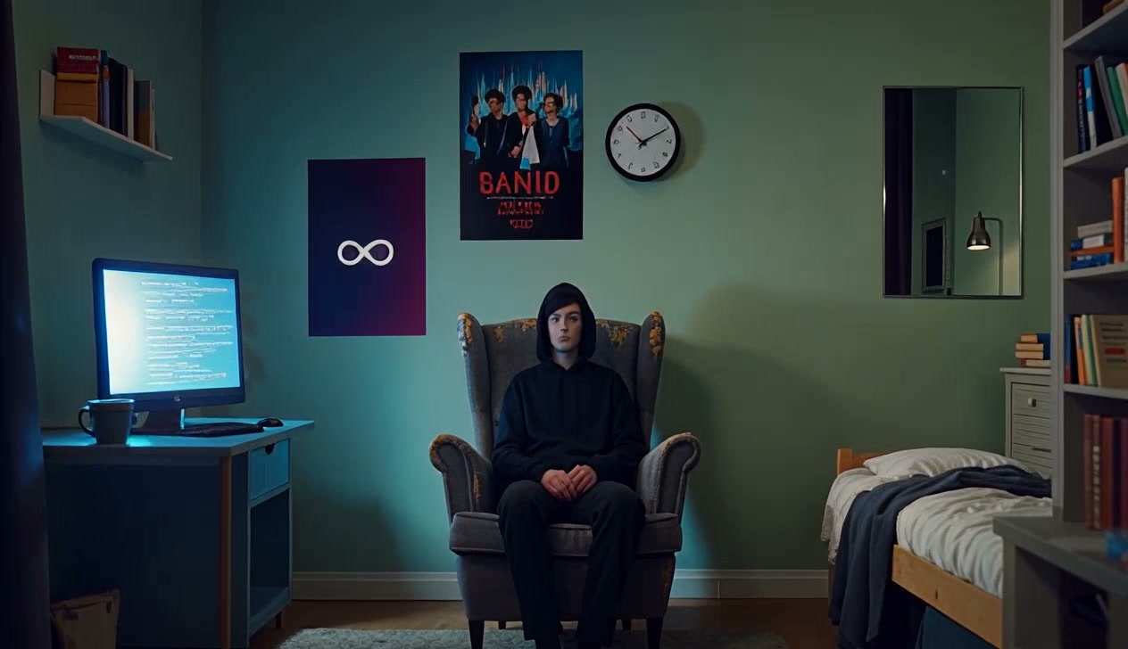 Teen in a dark hoodie sits in a plush armchair in a teal-walled bedroom with a computer desk, pos...