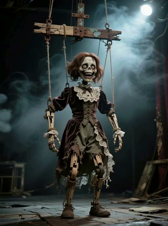Eerie ventriloquist puppet hanging on ropes in smoky stage lighting.
