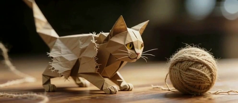 Origami-style paper cat with a ball of twine on a wooden floor.
