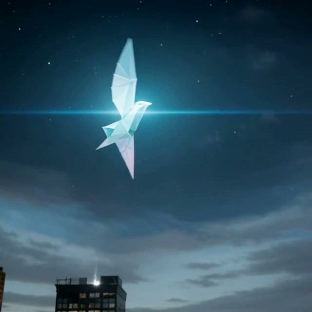 Geometric origami bird glowing in a night sky above a distant cityscape.