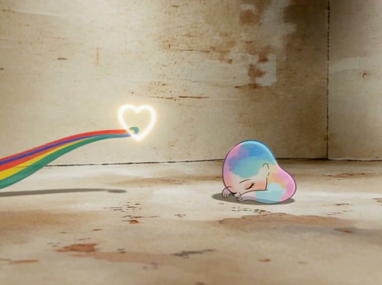 A pastel, rainbow-colored heart-shaped character bows to a small crying heart-shaped figure on a ...