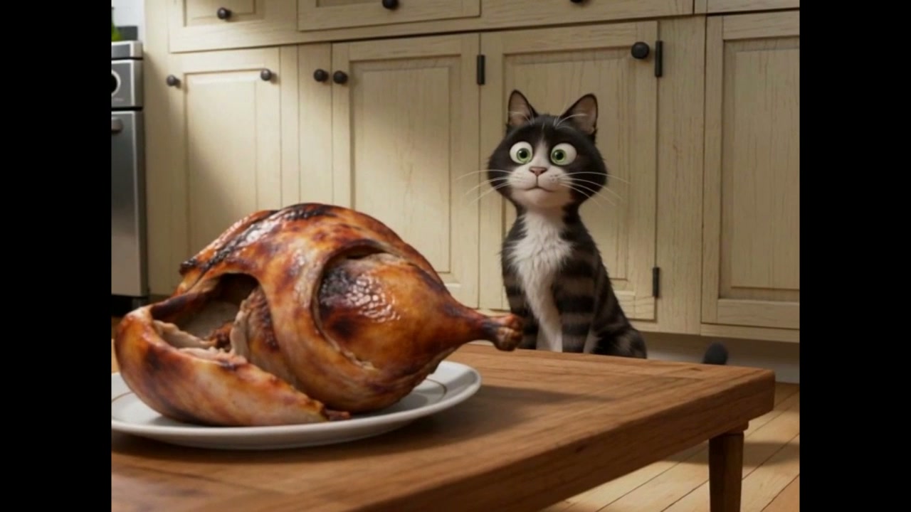 Curious black-and-white cat gazes at a roasted turkey on a wooden kitchen table.