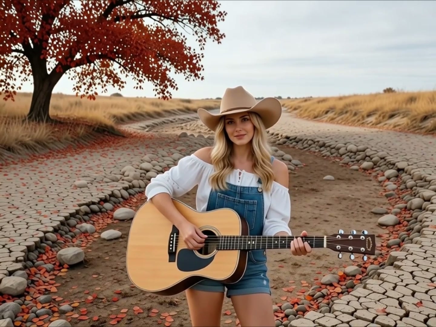 Young woman in a cowboy hat plays an acoustic guitar on a stone-filled path with autumn trees.