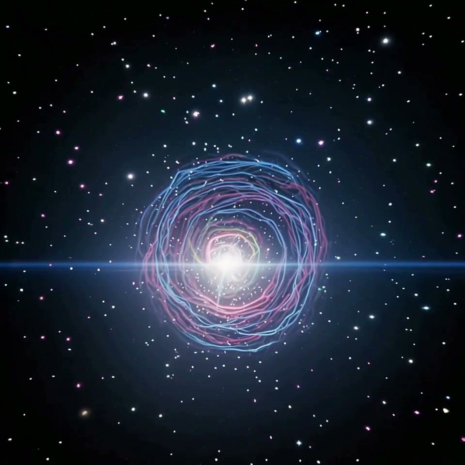 Neon colorful swirling vortex centered in a starry space backdrop with a bright core.