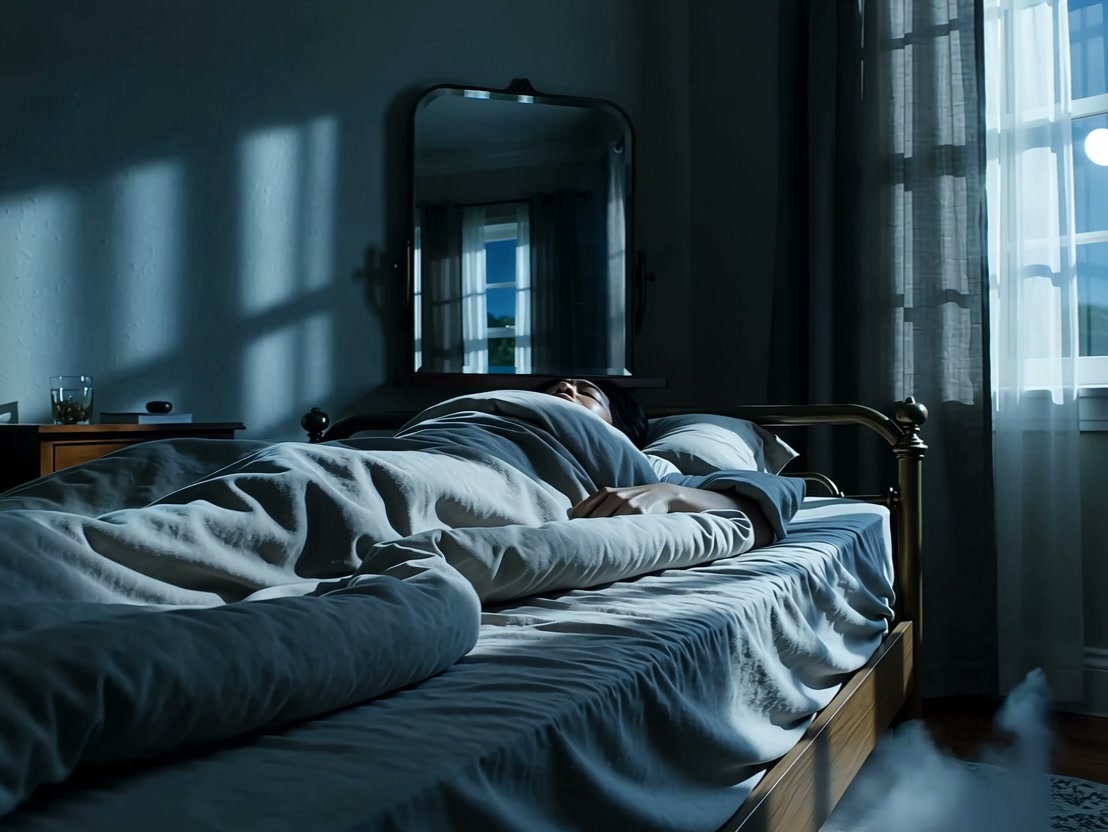 Person peacefully sleeping in a blue-lit bedroom on a metal bed with a mirror and window reflecti...