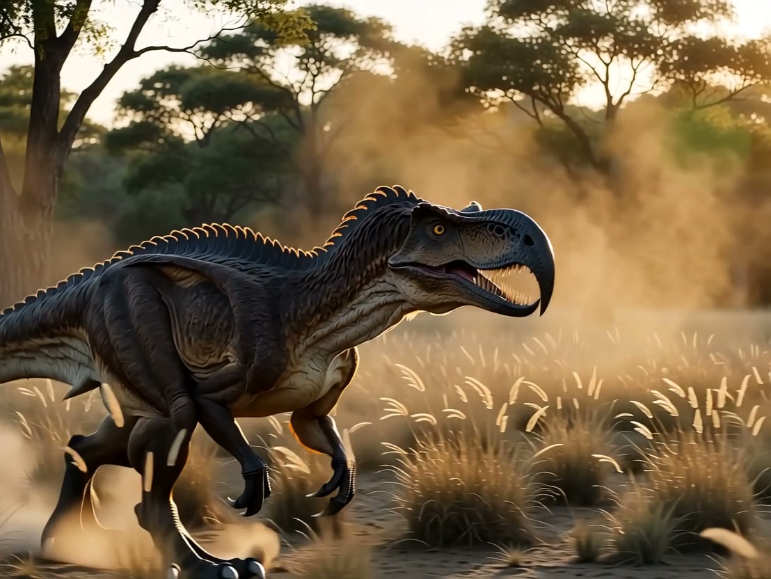 Spinosaurus-like theropod dinosaur running through a sunlit savanna with dust.