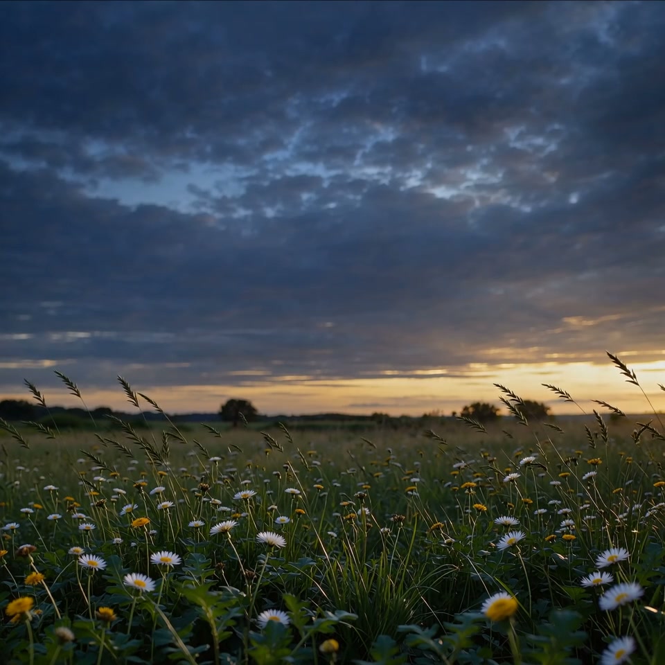 Sunset-lit meadow with white daisies and tall grasses in the foreground.