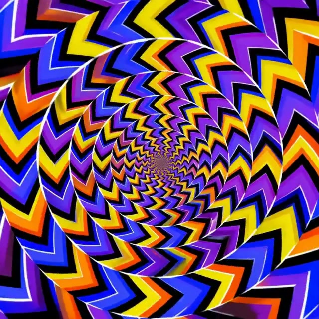 Psychedelic spiral of colorful zigzag arrows in purple, blue, yellow, and orange.