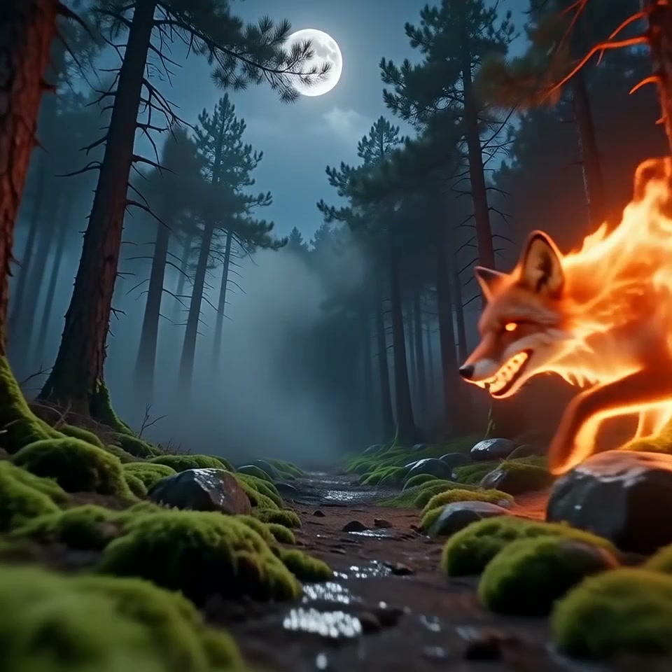 Moonlit forest at night with a glowing fiery fox along a mossy rocky path.