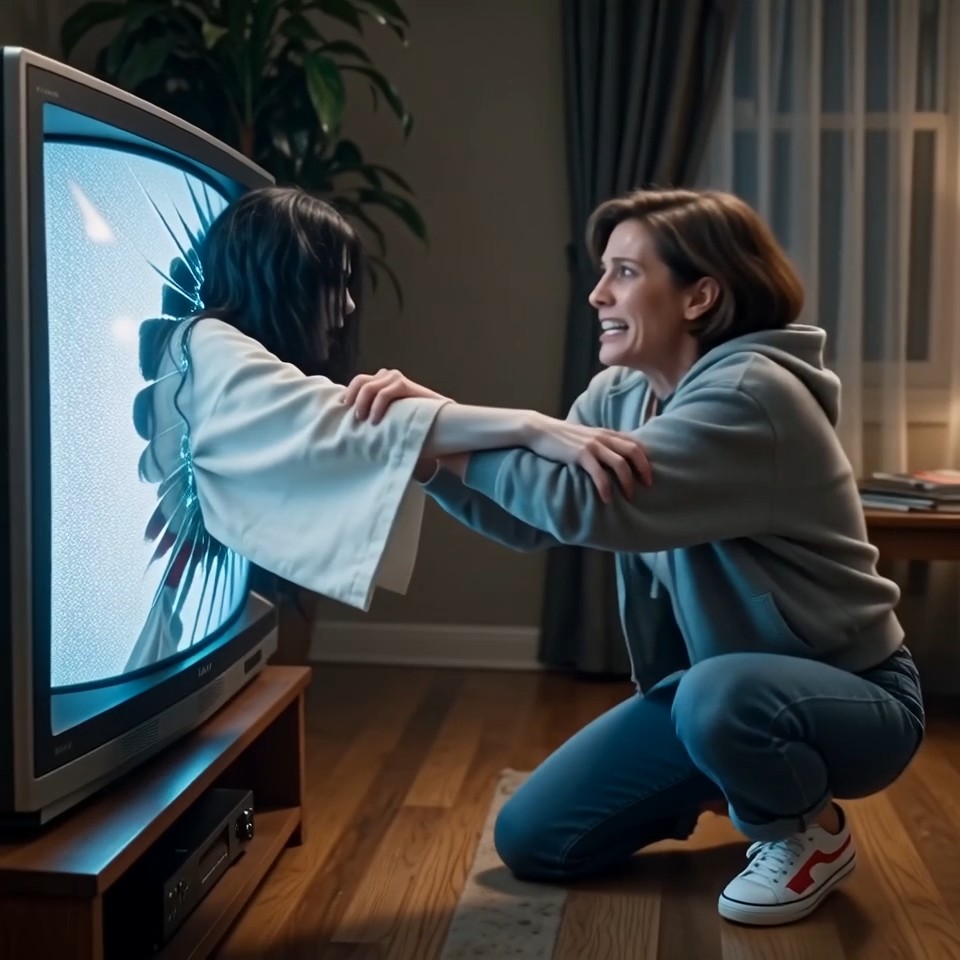 Woman in a hoodie kneels, grabbing a vintage TV ghost reaching out from the screen.