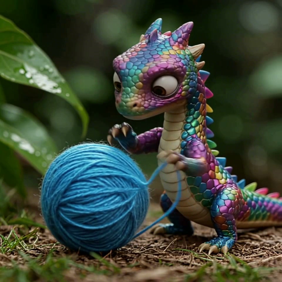 Colorful dragon toy with rainbow scales playing with a blue yarn ball outdoors