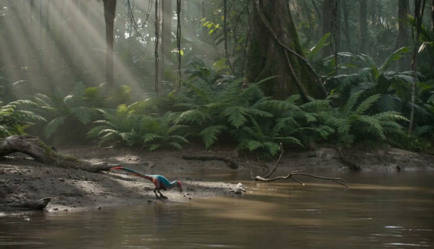 Colorful waterbird on a muddy riverbank in a sunlit tropical forest with ferns.