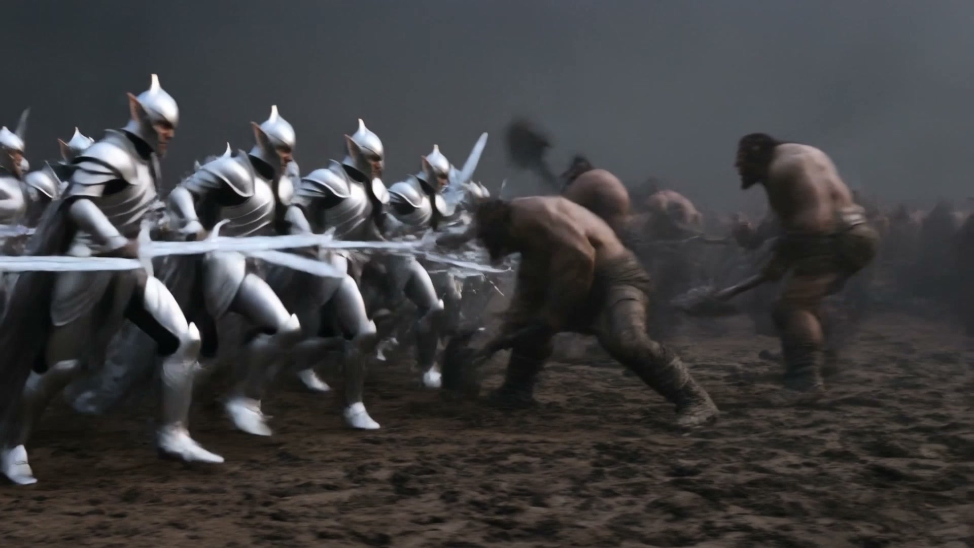 Line of silver-armored soldiers clash with hulking pale foes on a muddy battlefront.