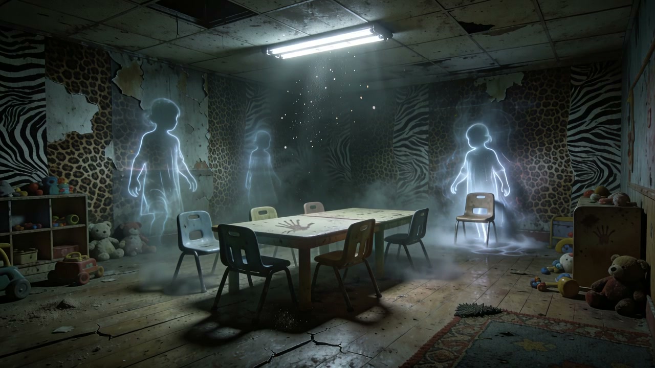 Dim haunted playroom with translucent child apparitions around a kid’s table and chairs.