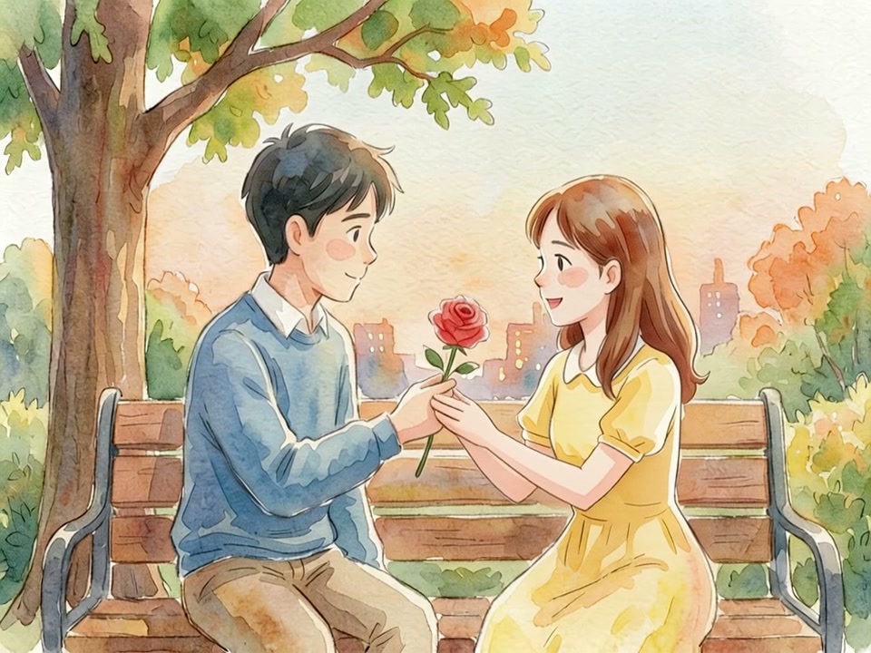 A watercolor illustration of a couple on a park bench exchanging a rose in a sunny outdoor scene.